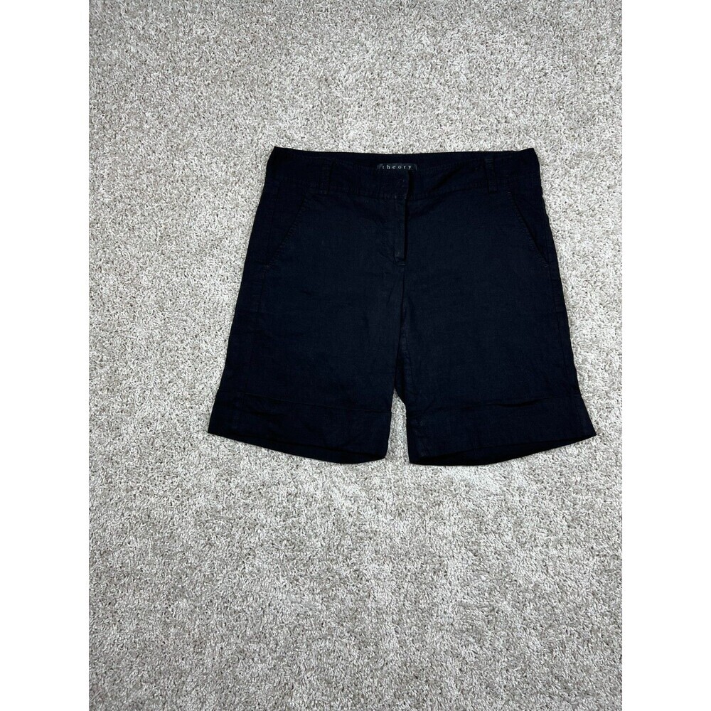 Theory Black Linen Blend Bermuda Shorts Womens Size 2 Quiet Luxury Career